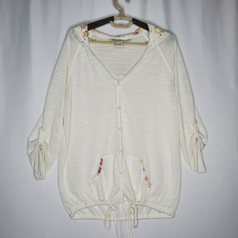 American Rag Knit Hoodie XL Floral Pocket 3/4 Semisheer Coastal Boho Cottagecore